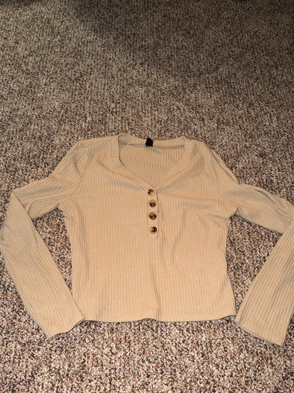 SHEIN Beige Ribbed V-Neck Henley Long Sleeve Top